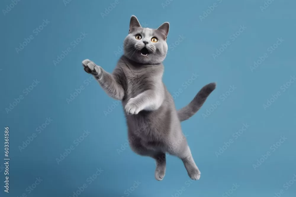 Funny grey cat flying in the air in autumn